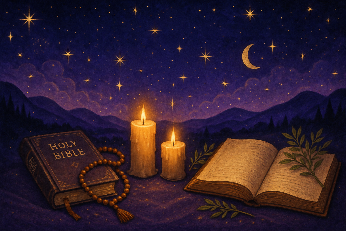 Candlelit books and a Bible beneath a purple mountain sky